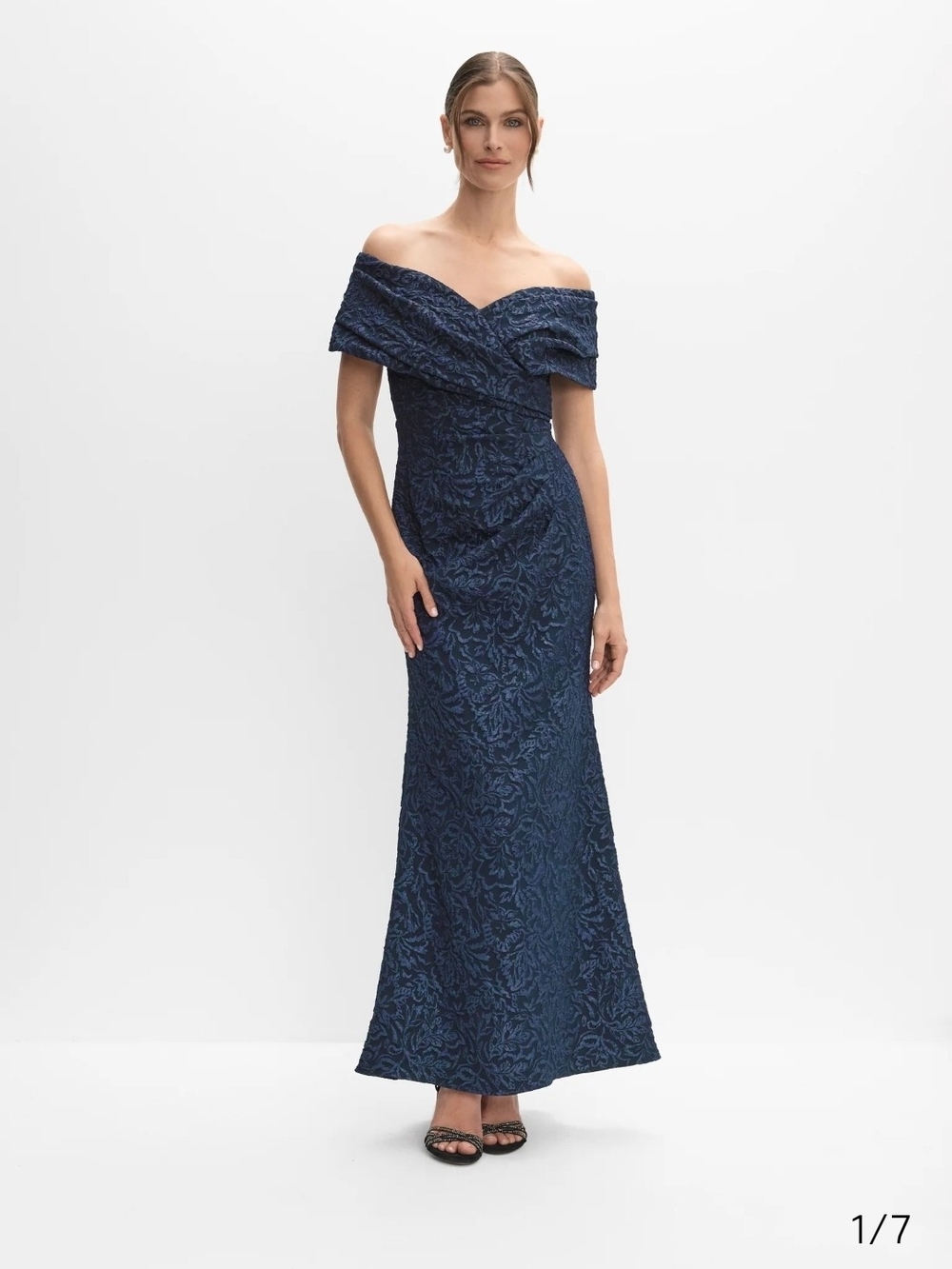 Betsy & Adam Off-The-Shoulder Cap Sleeve Stretch Jacquard Brocade Mermaid Gown